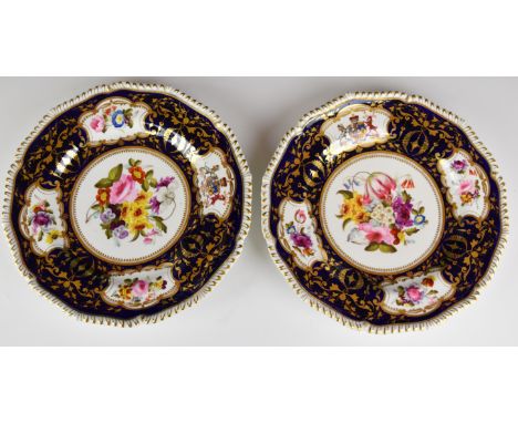 Bloor Derby pair of armorial cabinet plates for the Earl Ferrer dinner service, with hand painted floral decoration and Latin