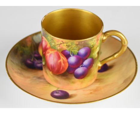 Royal Worcester painted fruit coffee can and tea cup saucer decorated with peaches, cherries and gooseberries,&nbsp;the can s