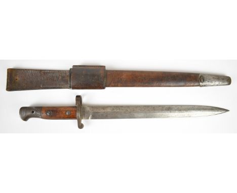 British 1903 pattern Lee Enfield bayonet with some good stamps to the ricasso, wooden grips, 30.5cm double edged blade and le