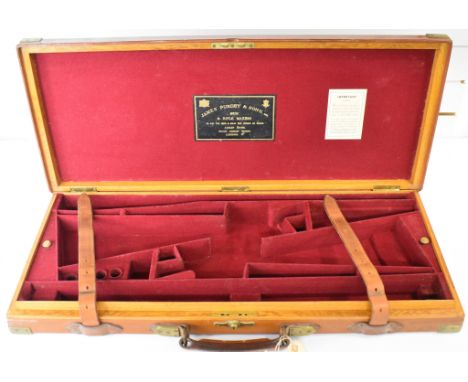 James Purdey &amp; Sons brass and leather bound oak double shotgun carry case with fitted interior and 'James Purdey &amp; So