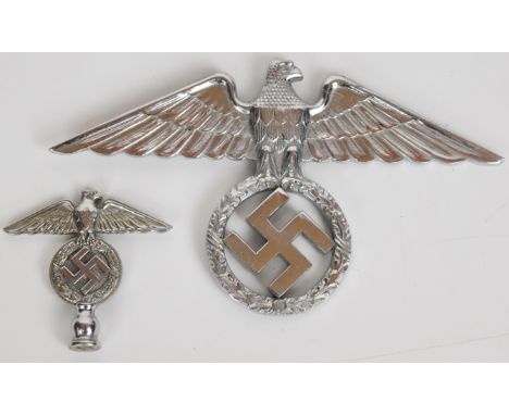 Two German WW2 Nazi Third Reich metal / chrome eagle badges, largest with 17cm wingspan
