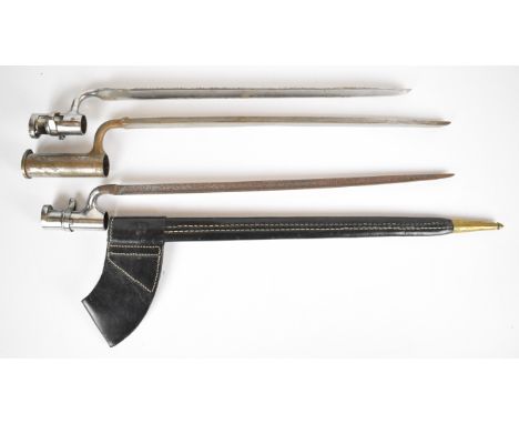 Three socket bayonets including one of heavy construction with long socket, longest blade 48cm, with one scabbard.&nbsp;PLEAS