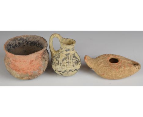 Roman lamp with certificate stating origin as Palestine, Roman redware flared vessel and an antique ewer, tallest 7cm