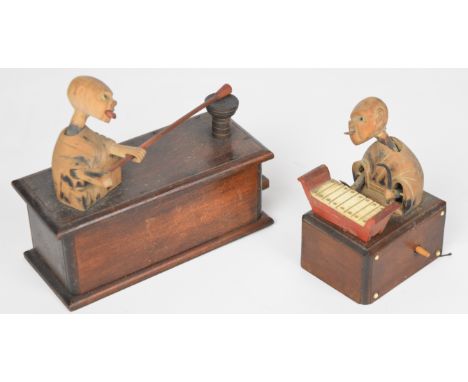 Two Japanese Kobe mechanical carved wood toys / dolls, tallest 12cm