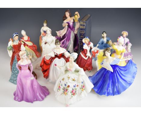 Thirteen Royal Doulton, Franklin Mint, Coalport and Wedgwood figurines including limited edition Anne Boleyn, Queen Victoria,