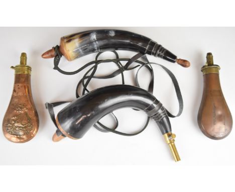 Four powder flasks/ horns comprising two copper and powder flasks, one Sykes, one stamped 'Improved Patent' with embossed dec
