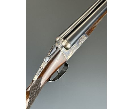 AYA No 3 12 bore side by side shotgun with named and engraved locks, engraved underside trigger guard, top plate, thumb lever