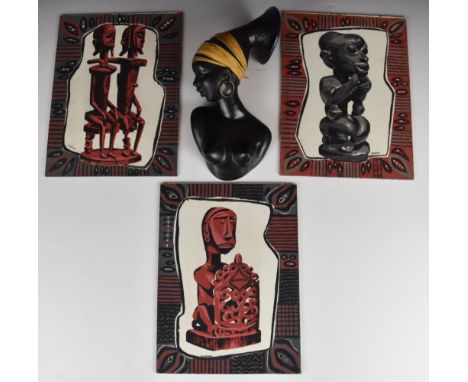 Keramos-Wien mid century modern African lady wall plaque with raffia decoration, model no 2773 and three signed Mark Coomer s