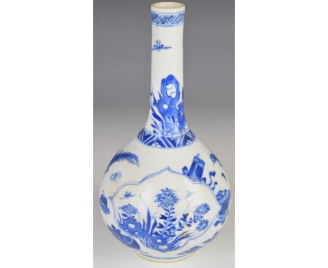 19th / 20thC Chinese blue and white vase decorated with antiques, scroll, flora and fauna, H21cm