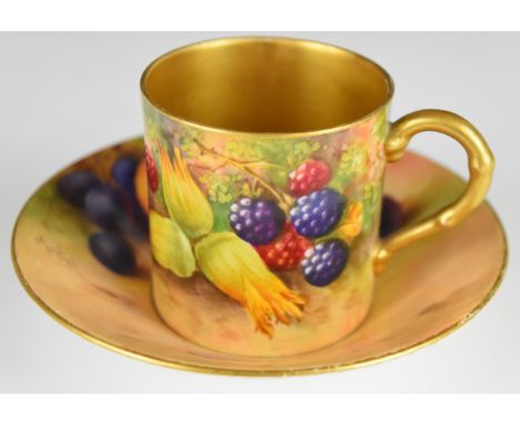 Royal Worcester painted fruit coffee can and saucer decorated with peaches, cherries, blackberries and hazelnuts, both signed