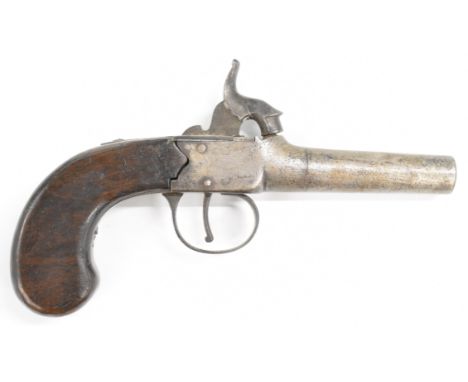 English&nbsp;percussion hammer action pocket pistol with shaped wooden grip and 3 inch turn-off smooth bored barrel. overall 