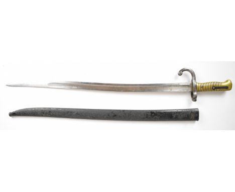 French 1866 pattern chassepot bayonet dated 1871 to spine, with brass grip, G49050 to crosspiece, 57cm yataghan blade and sca