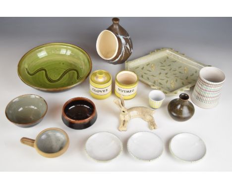 Collection of studio / art pottery including retro Rye Pottery, Aviemore, hare, storage 'cloves' etc