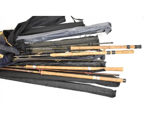 Ten coarse / carp fishing rods including three Hardy examples, two Richard Walker carp and 'Swimfeeder', other rods including