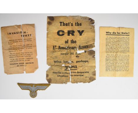 German WW2 Nazi Third Reich&nbsp;propaganda leaflets comprising 'Invasion Why', Why Die For Stalin' and 'That's The Cry Of Th