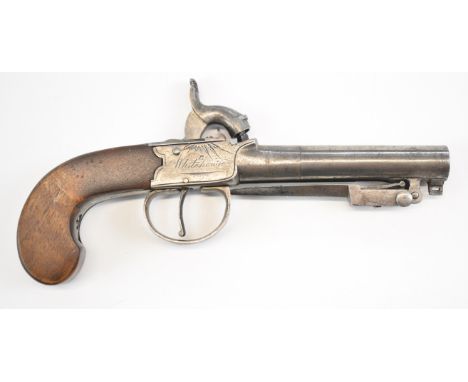 R Whitehouse of London&nbsp;percussion hammer action pocket pistol with sprung bayonet, named and engraved lock, vacant wrist