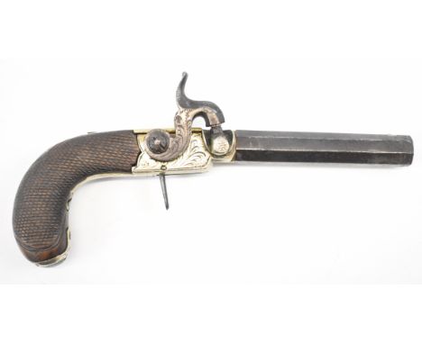 English percussion&nbsp;hammer action pocket pistol with engraved lock, hammer and underside, folding trigger, percussion cap