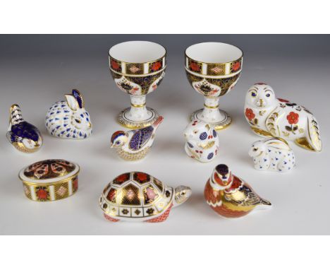 Royal Crown Derby Imari paperweights, trinket boxes and goblets including 1128 pattern, tallest 12cm
