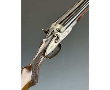 San Marco 12 bore side by side hammer action shotgun with engraved birds to the locks, engraved hammers, trigger guard, under