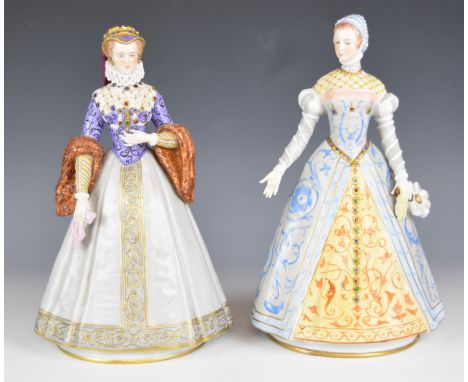 Two Sitzendorf figurines Catherine de Medici Femme de Henri II and Elizabeth d'Autriche Femme de Charles IX, tallest 27cm