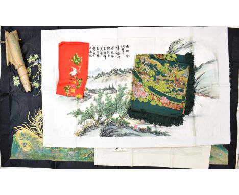 Collection of Chinese embroideries and a small scroll painting decorated with birds