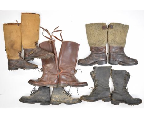 Four pairs WW1 era military&nbsp;style&nbsp;full length&nbsp;boots including one pair with canvas top and one pair felt top, 