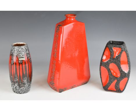 Three retro / mid century modern West German or similar pottery vases including fat lava guitar vase, probably by Roth Kerami