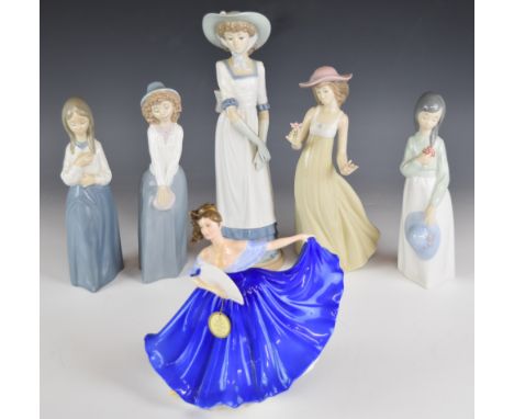 Five Nao figurines and Royal Doulton 'Elaine', tallest 34cm, three boxed