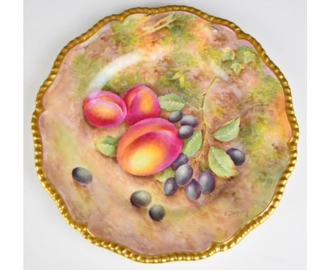 Royal Worcester painted fruit cabinet plate with gadrooned and gilded rim, signed Townsend, diameter 24cm