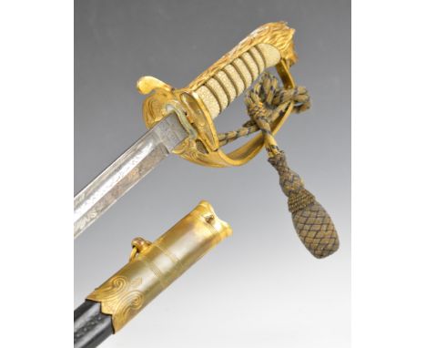 Royal Navy 1827 pattern officer's dress sword with shagreen covered grip, folding guard inscribed D V Morgan RN, Gieves to ri