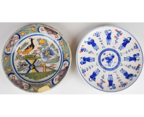 18thC Delft&nbsp;polychrome decorated plate with bird decoration and Chinoiserie decorated with faint Chinese / Japanese impr