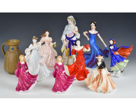 Royal Doulton, Royal Worcester and Continental porcelain figurines including Eastern European Art Deco dancer, May, Caroline,