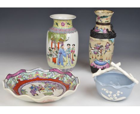 Chinese vases, crimped plate with figural decoration and a Japanese basket, tallest 26cm