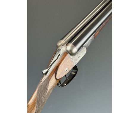 WW Greener F20 12 bore side by side shotgun with named and engraved locks, engraved underside, trigger guard, thumb lever and