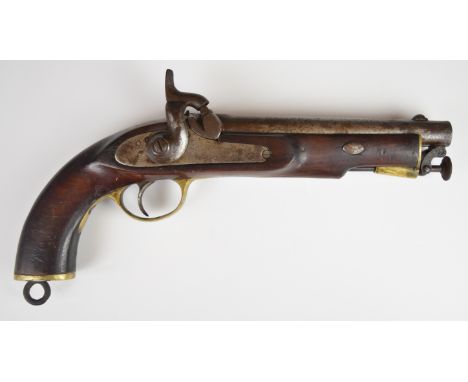 Enfield percussion hammer action sea-service pistol with brass trigger guard and butt cap, captive ram-rod, belt loop and 8 i