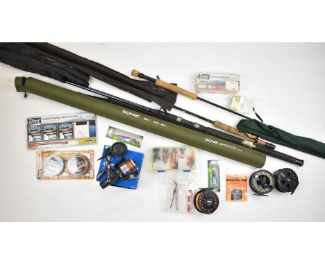 Collection of fishing equipment, mainly fly / lure fishing including Sonik SK3 9'6" #6/7, travel rod in case Abu Garcia fly 1
