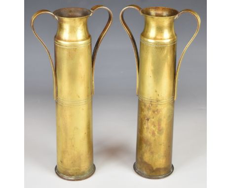 Two WW1 trench art brass 6 pounder shell cases dated 1918, height 31.5cm
