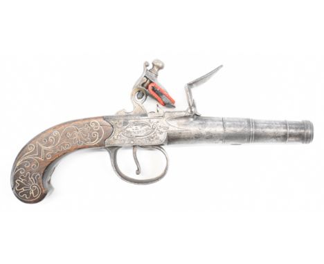 James Barber of London flintlock pocket pistol with named and engraved lock, engraved trigger guard and hammer, silver wire i