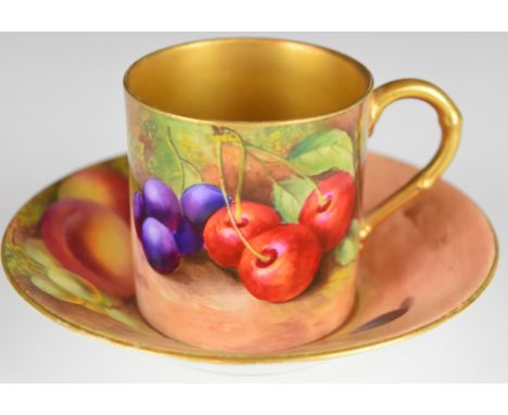 Royal Worcester painted fruit coffee can and saucer decorated with peaches, grapes and cherries, both signed Moseley, H6cm