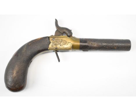 John Forrest of Oxford percussion hammer action pocket pistol with named and engraved brass frame, folding trigger, chequered