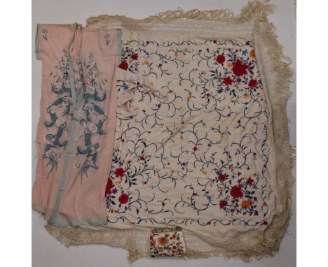 Chinese embroidery piano shawl, robe, handbag etc, the shawl 160 x 160cm