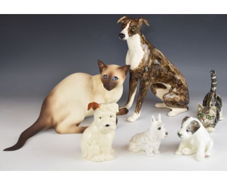 Dog and cat figures including Winstanley greyhound, Beswick, Lomonosov / USSR, Mike Hinton Siamese, tallest 34cm