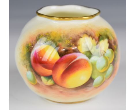 Royal Worcester painted fruit squat vase signed Roberts, H7cm