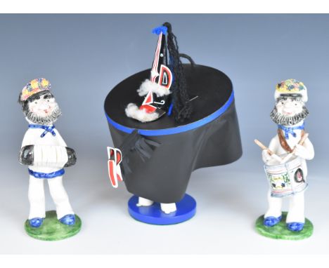 Alan Young Devon Pottery figures comprising two Padstow May Day musicians, one with drum, one with concertina together with t