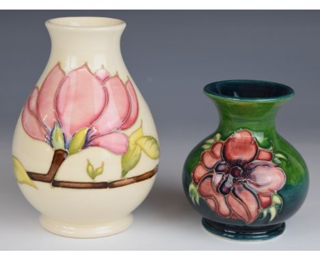 Two pedestal Moorcroft vases decorated in the Magnolia and Anemone patterns, tallest 14cm