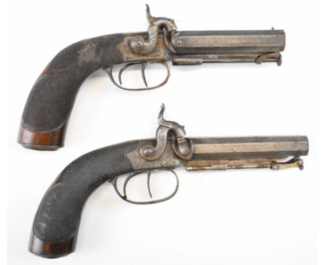 A pair of unnamed double barrelled side by percussion hammer action pistols, each with scrolling engraving to the lock, hamme