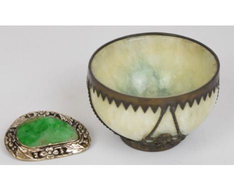 Chinese Jade or similar bowl with metal mounts with character marks to base, diameter 7cm, together with a silver mounted car