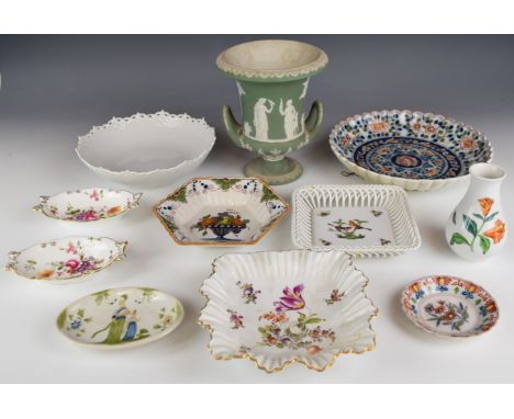 Continental and English ceramics including Herend, Dresden, Makkum, Wedgwood urn, Copenhagen and a Nymphenburg vase, tallest 