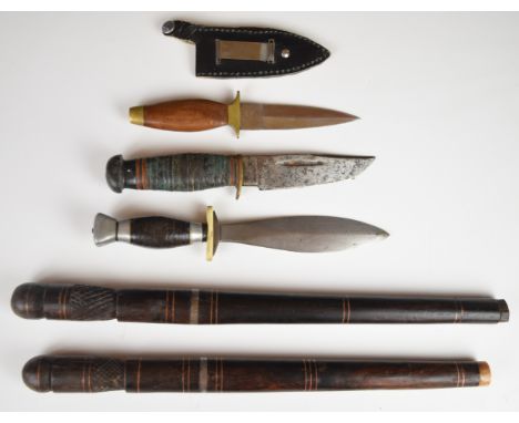 Three small hunting knives, one with sheath, together with two Oriental long knives both with sheaths, longest blade 22cm.&nb