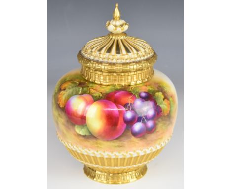 Royal Worcester painted fruit pot pouri, cover and outer pierced lid decorated with peaches, grapes, raspberries and gooseber